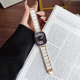Suitable for Apple Iwatch10Se987654Pc Metal Three-Bead Imitation Ceramic Watch Strap Fashionable New