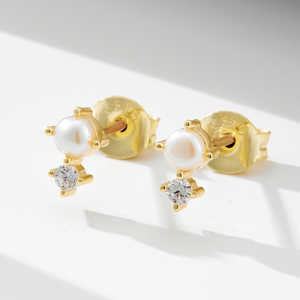 Pendientes de perlas naturales de diamantes con incrustaciones de plata de ley s925 para mujer, lujo ligero europeo y americano, personalidad simple, moda, pequeños pendientes de oreja