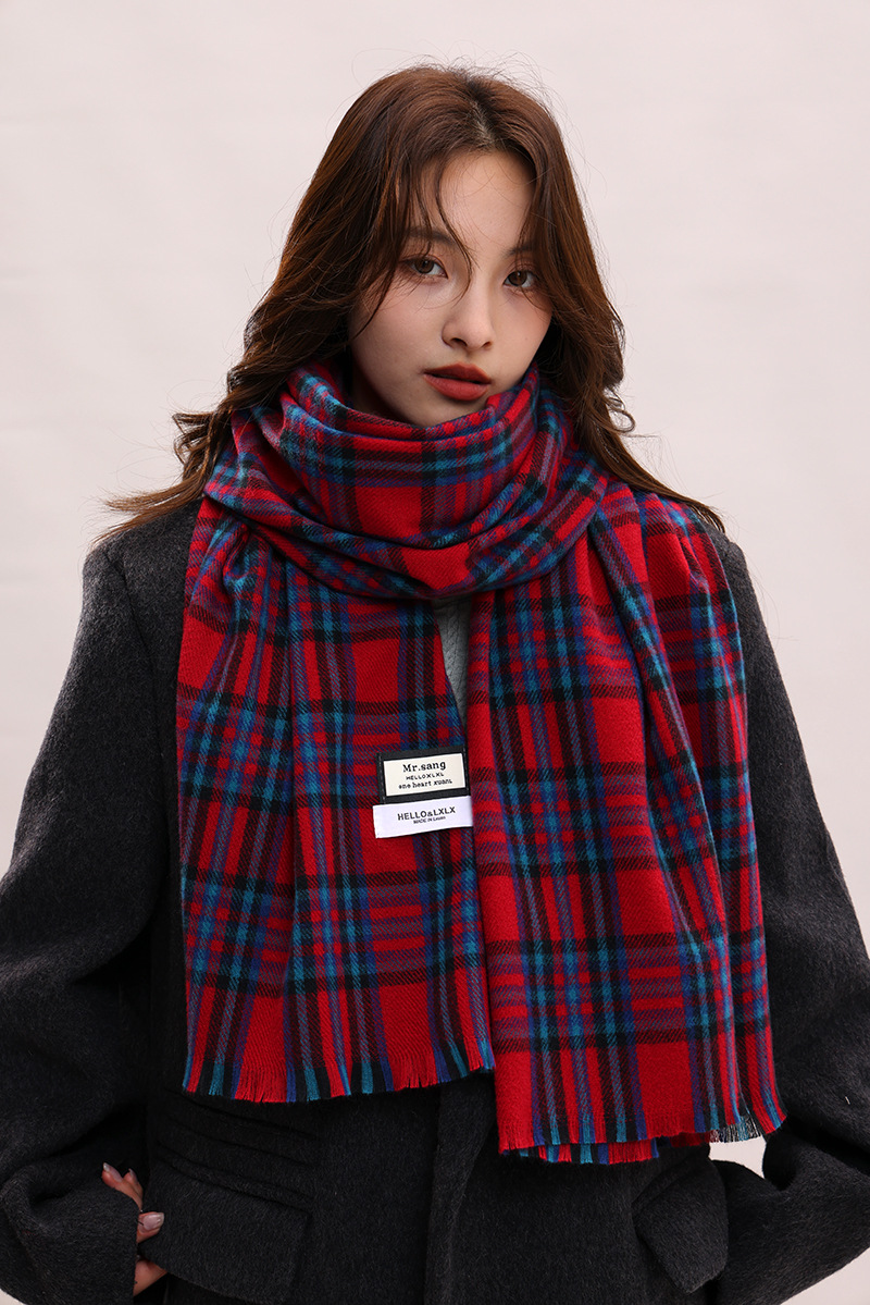 Korean version 2024 new women's autumn and winter warm shawl red checkered high-end atmosphere knitted thick scarf_voghion.com