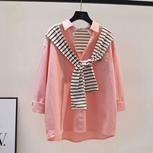 粉色宽松披肩假两件衬衫女新款春秋文艺范休闲时尚雪纺衬衣潮
