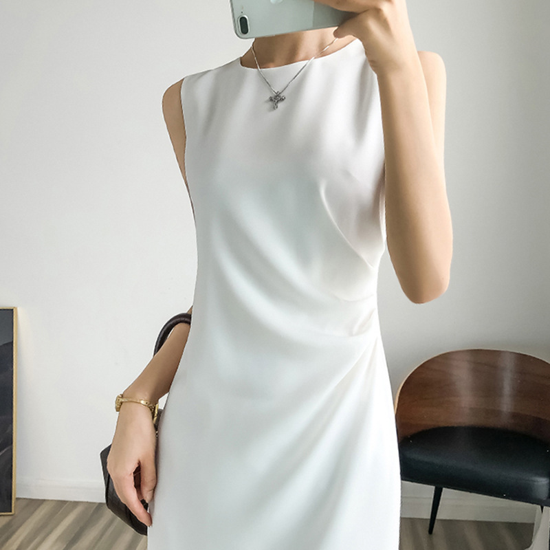 Ready Stock Pleated Design Round Neck Mid-Length Skirt Sleeveless Ol Elegant Slim Dress for Women Elegant Workplace Ready Stock Pleated Design Round Neck Mid-Length Skirt Sleeveless Ol Elegant Slim Dress for Women Elegant Workplace