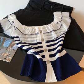 纯欲风荷叶边拼接一字肩上衣女夏季海军风撞色修身针织露肩T恤衫