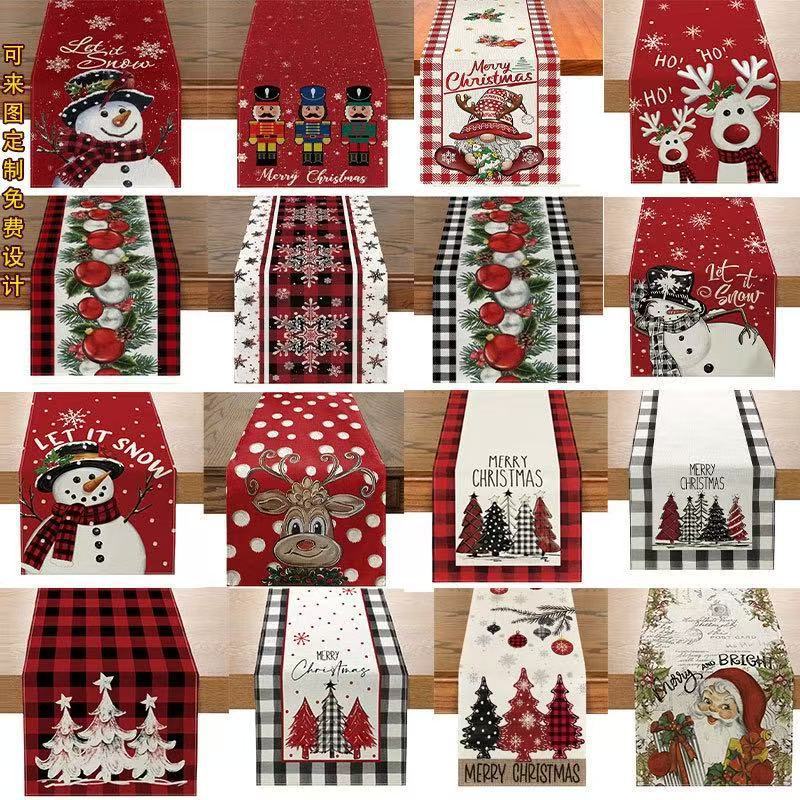 北欧クリスマスリビングルームテーブル装飾テーブルフラグファッションシンプルなヘラジカプリントリネン漫画クリスマステーブルフラグ卸売|undefined