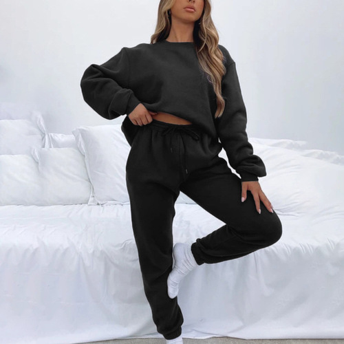 2024 Amazon European and American Spring and Autumn Solid Color Round Neck Pullover Trousers Women's Fashion Casual Long Sleeve Sweatshirt Set