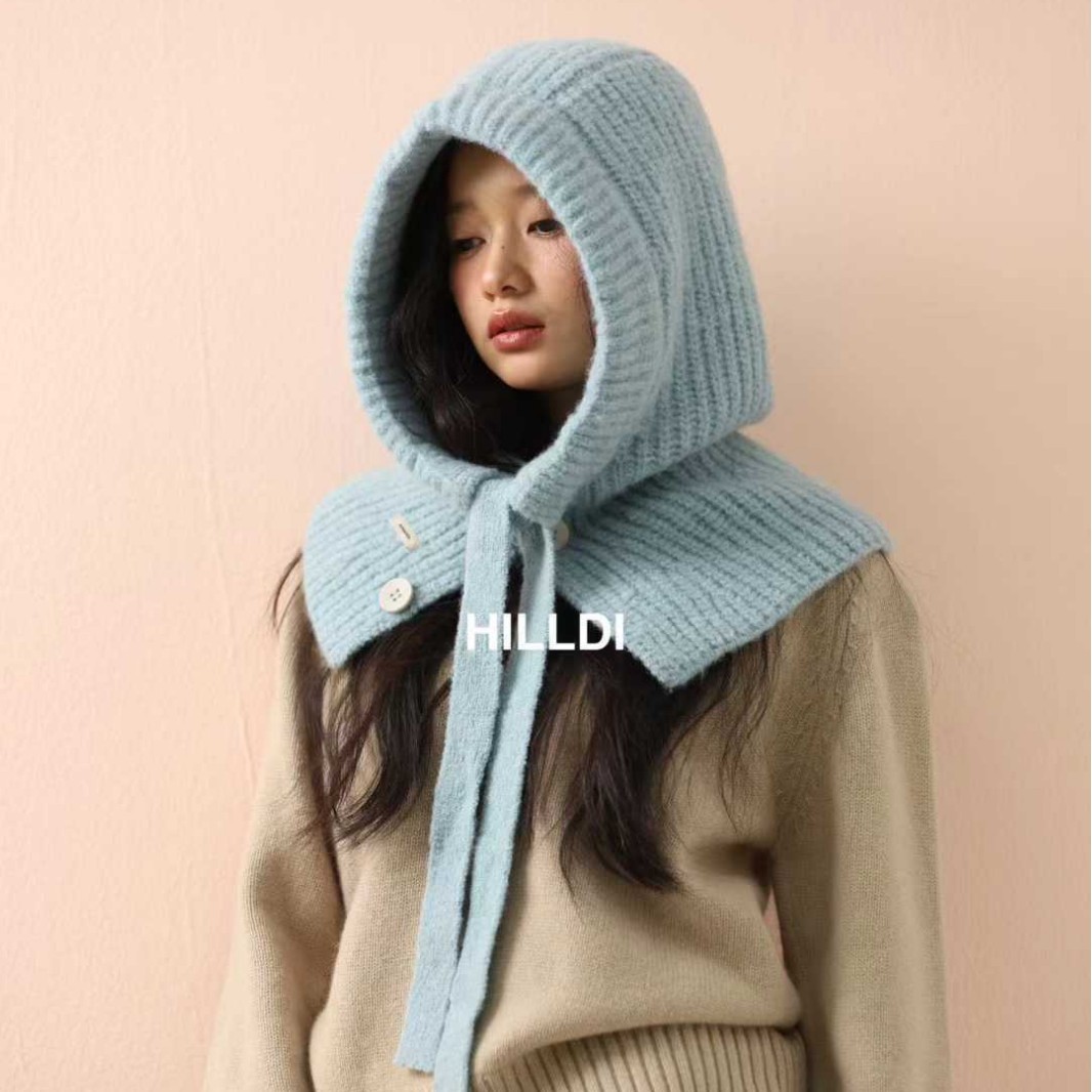 One-Piece Knitted Hat with Buttons, Retro Fashionable Balaclava, Autumn and Winter New Warm Ear Protection Hat, Knitted Hat for Women