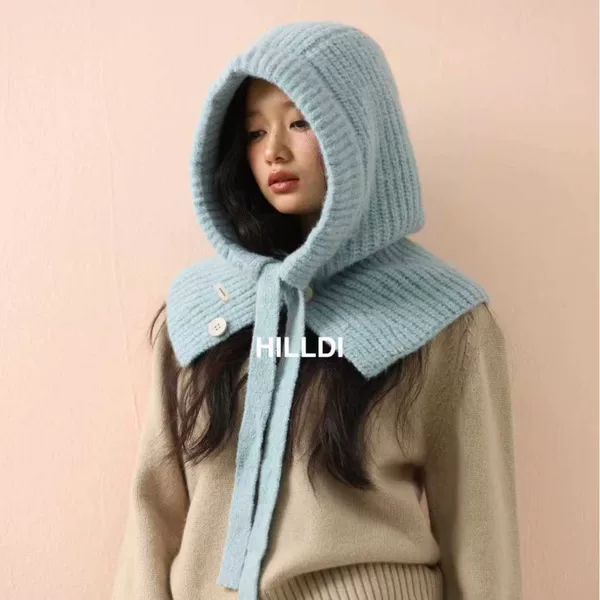 One-Piece Knitted Hat with Buttons, Retro Fashionable Balaclava, Autumn and Winter New Warm Ear Protection Hat, Knitted Hat for Women