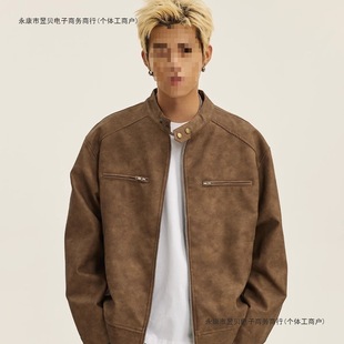 Summer Retro Distressed Motorcycle Leather Jacket Men's High Street Trendyy Stand-Up Collar Couple Pu Leather Jacket Brown Ready Stock
