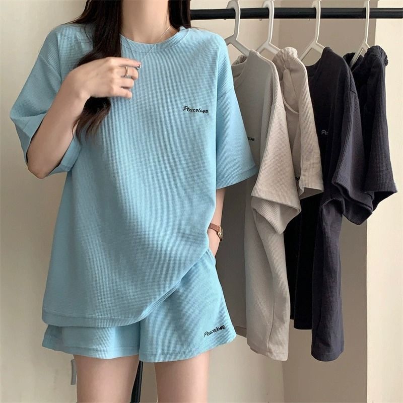 Waffle Sports Suit for Women 2026 Summer New Korean Style Loose Fashion Short-Sleeved Shorts Casual Two-Piece Set
