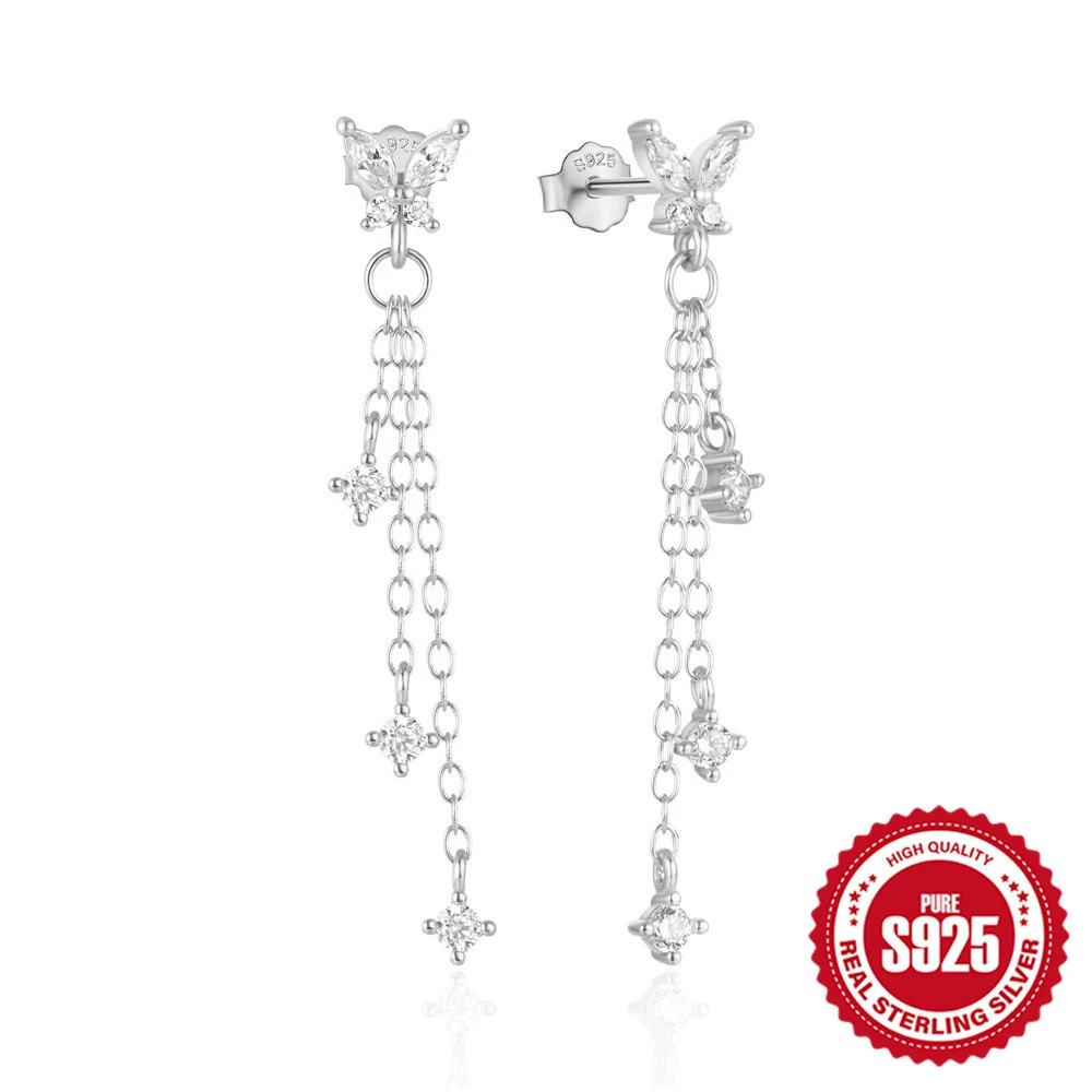 Chain with tassels, earrings, silver 925 sample, Korean style