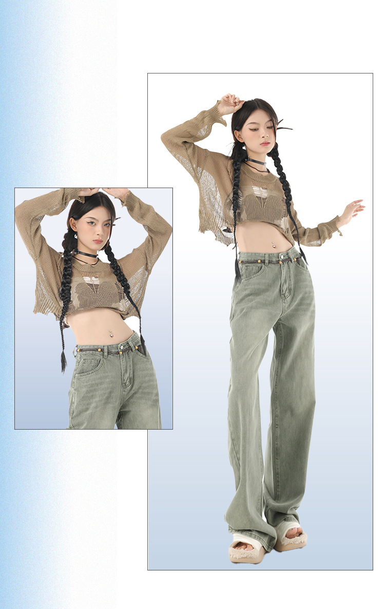 2022 New Korean niche washed retro green wide-leg jeans for women, versatile straight-leg loose jeans, trendy INS pic 9