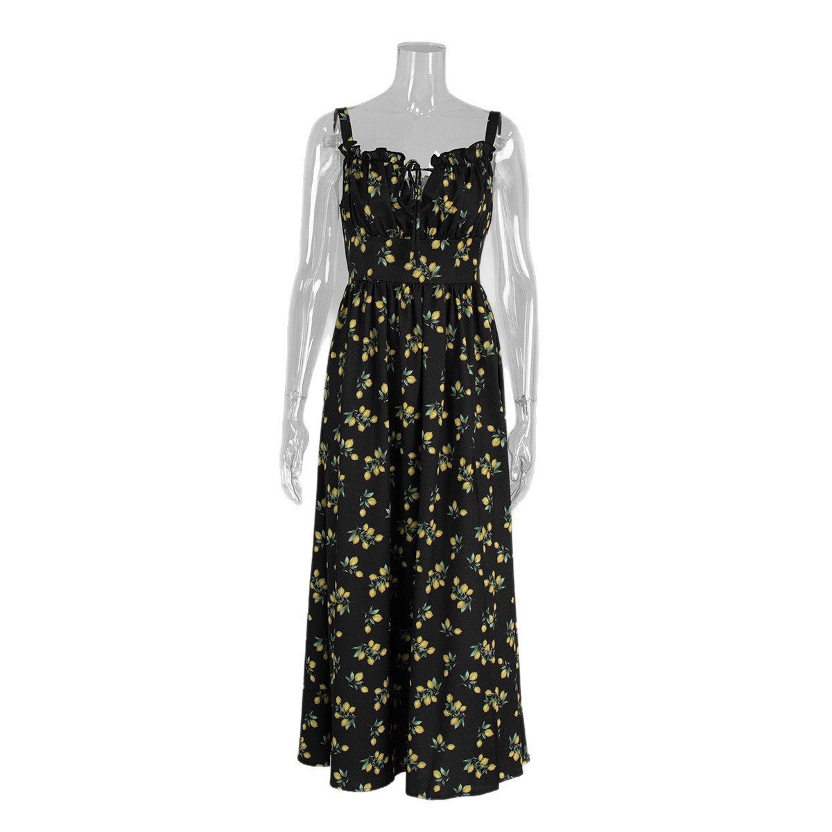 Cross-Border Floral Strap European And American 2025 Summer New Low Neck Tie Slit High Waist Printed Dress_ecoleips.com