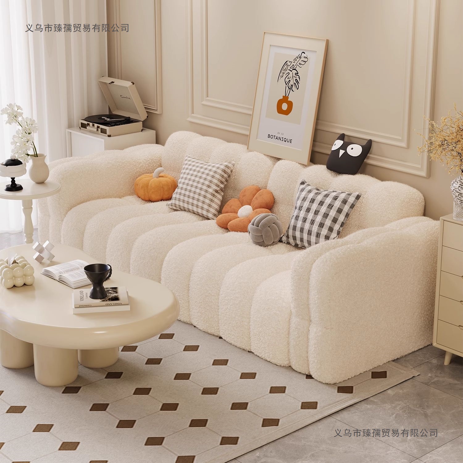 Cream-Style Marshmallow Sofa for Small Living Rooms, Trendy Fabric Double or Triple Lamb Wool Straight Lazy Sofa