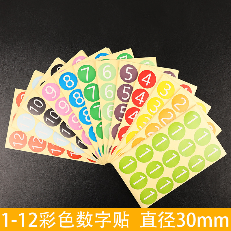 Colorful Dot Self-adhesive 1-12 Number Label Sticker 30mm Round Month Number Month Number Label