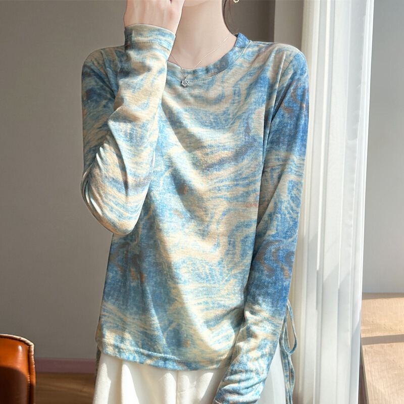 2026 Summer New Style T-Shirt Long-Sleeved Round Neck Tie-Dye Bottoming Shirt Knitted Sweater with Printed Pattern Versatile for Women to Look Slim