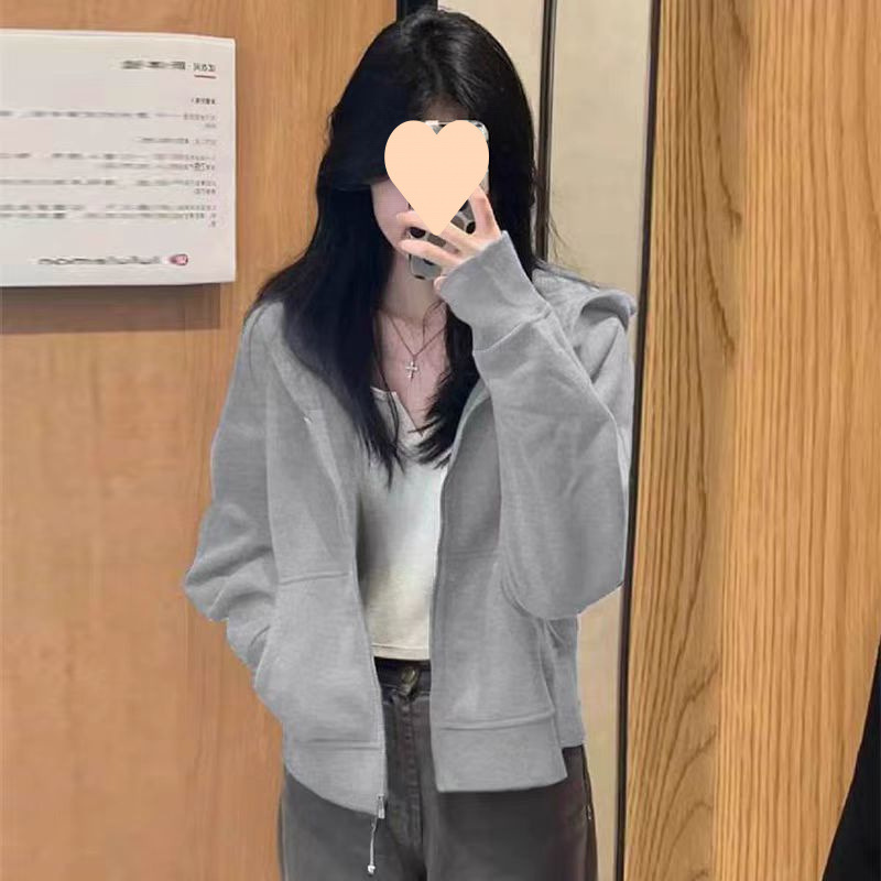 アメリカンレトロな小柄なショートフード付きスウェットシャツ薄手のコート女性の春と秋の新しいルーズカジュアルカーディガントップトレンディ|undefined