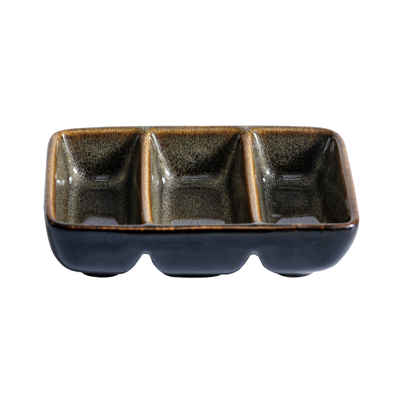 El horno se convierte en un plato de bocadillos creativo de tres comparticiones retro, plato de salsa, plato de cocina japonesa, plato de salsa de cerámica, plato de sushi