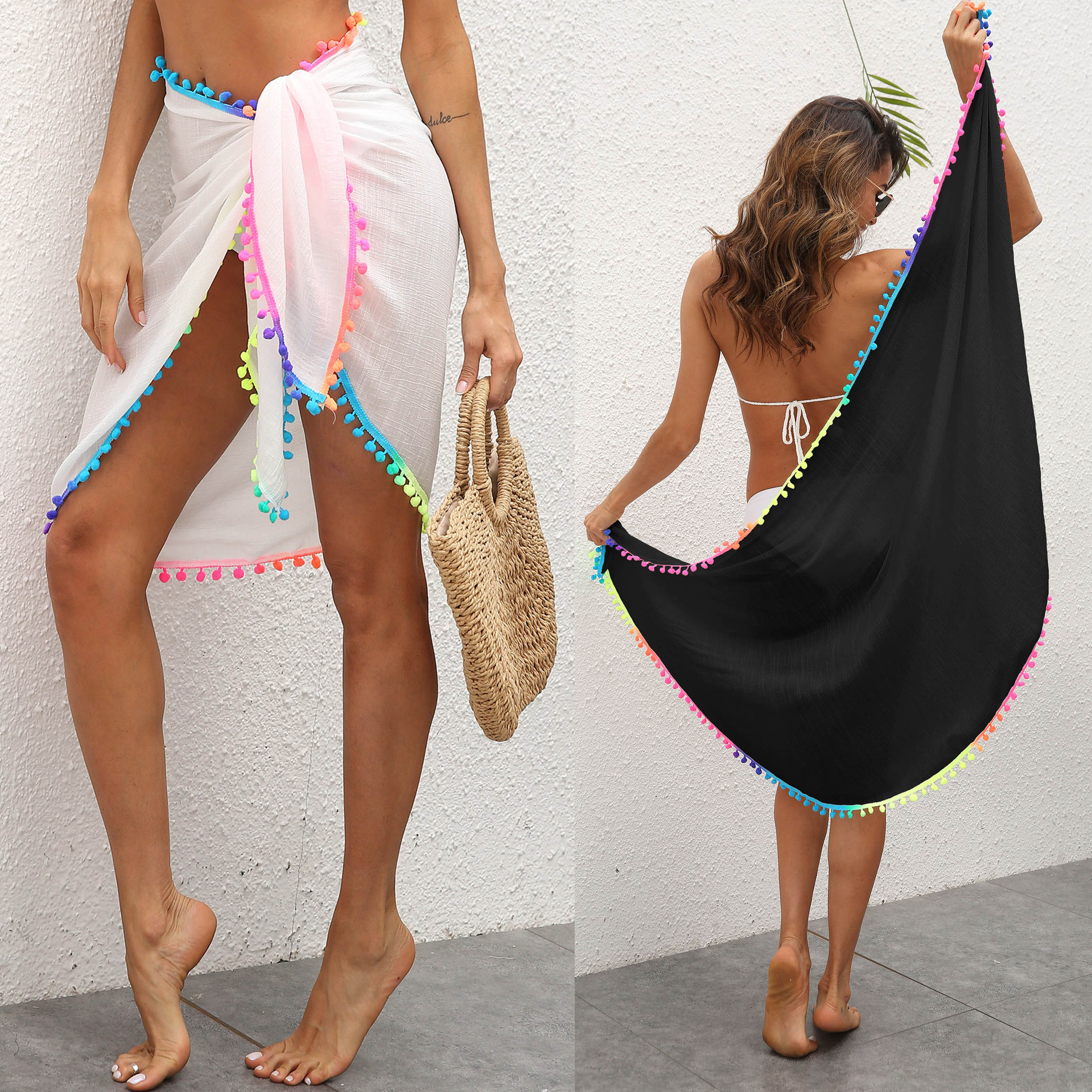 Color Fringe Stitching Irregular One-Piece Beach Skirt NSOY37089