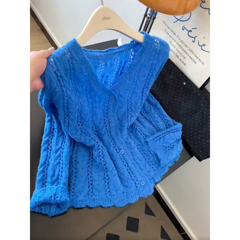 Elegant Hollow-Out Long-Sleeve V-Neck Knitted Cardigan for Women, Unique Design Sweater Coat, Korean Style Spring Outfit Top