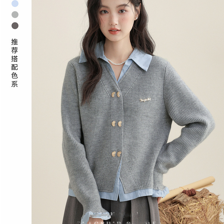 灰色假两件毛衣外套女2025春秋新款POLO领衬衫拼接针织开衫短上衣|undefined