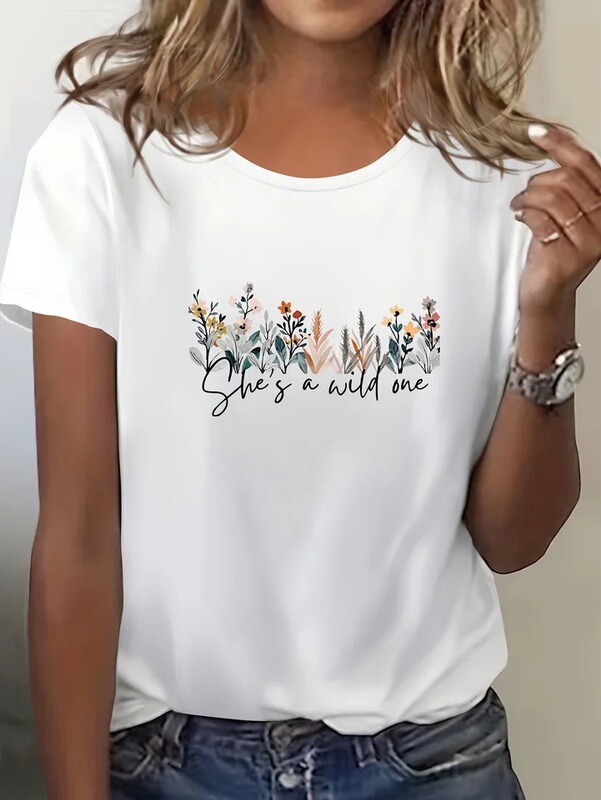Women's Casual Short-Sleeve Crew Neck T-Shirt with Vibrant Blue Print Featuring "She Wild Heart"