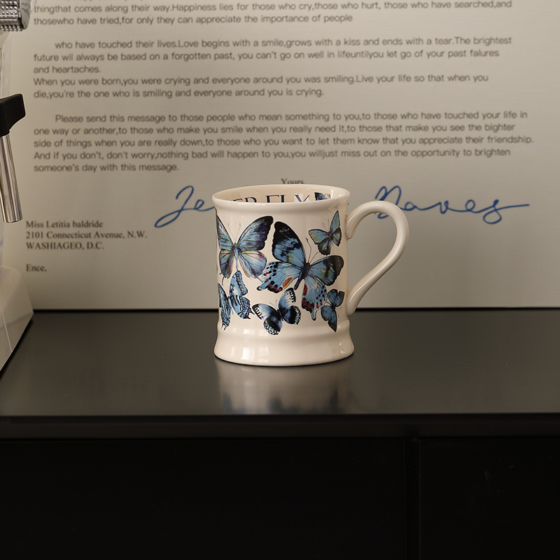 Taza de mariposa francesa Taza retro de gran capacidad Taza de agua de oficina Taza de desayuno Taza de leche Taza de cerámica Taza de agua INS