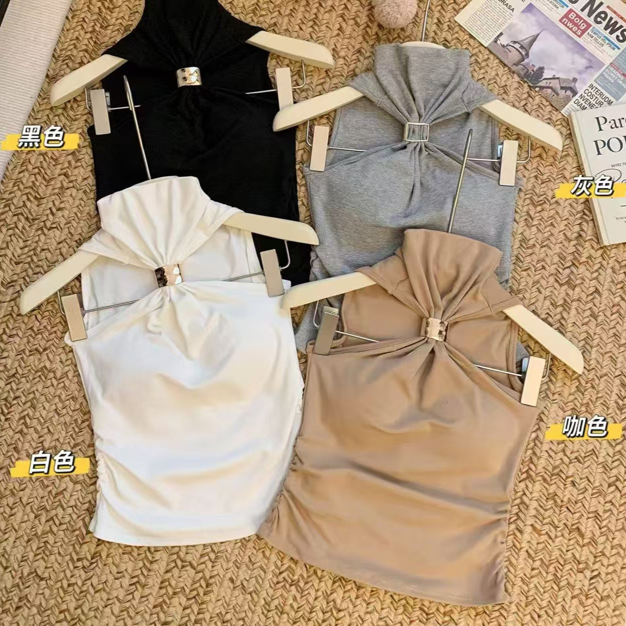 2025 Korean Style Design Metal Ring Splicing Halter Vest Women's Summer Versatile Button Cut Out Sleeveless Top