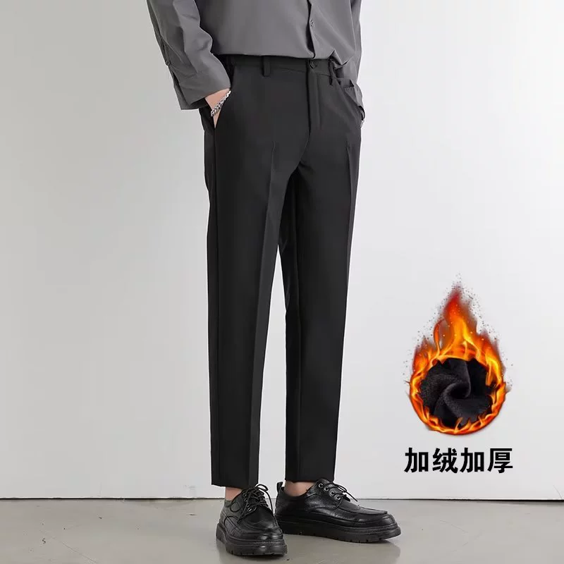 Маленькие брюки в стиле вестерн, Мужские осенне-зимние толстые прямые деловые повседневные облегающие брюки-скинни, Костюмные брюки на флисовой подкладке, мужские брюки