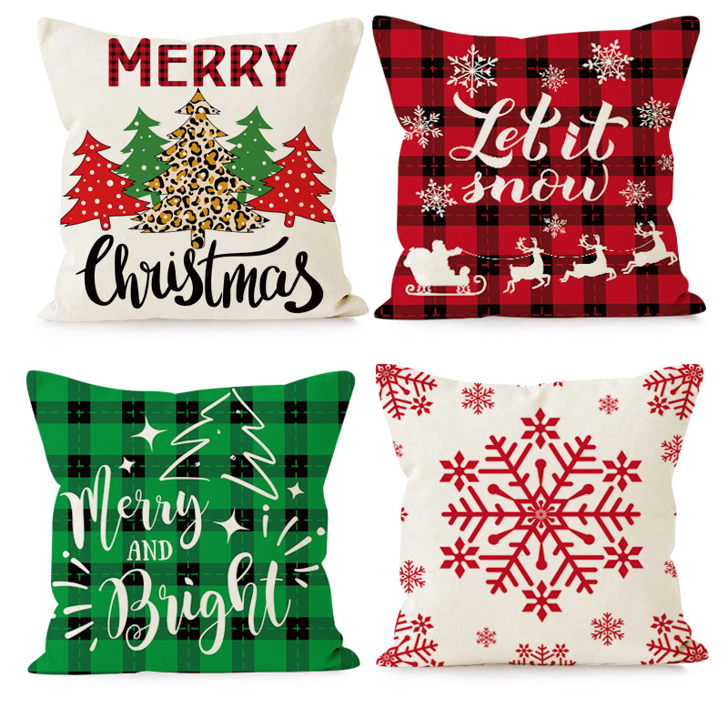 Taie d'oreiller en lin de Noël Taie d'oreiller imprimée de lettres de flocon de neige Coussin de canapé de maison de Noël_voghion.com