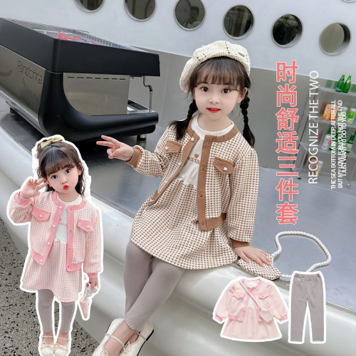 Girls' Autumn Korean Cute Little Fragrance Wind Bags, Small Check Cardigans, Sweet Dresses, Three-Piece Sets