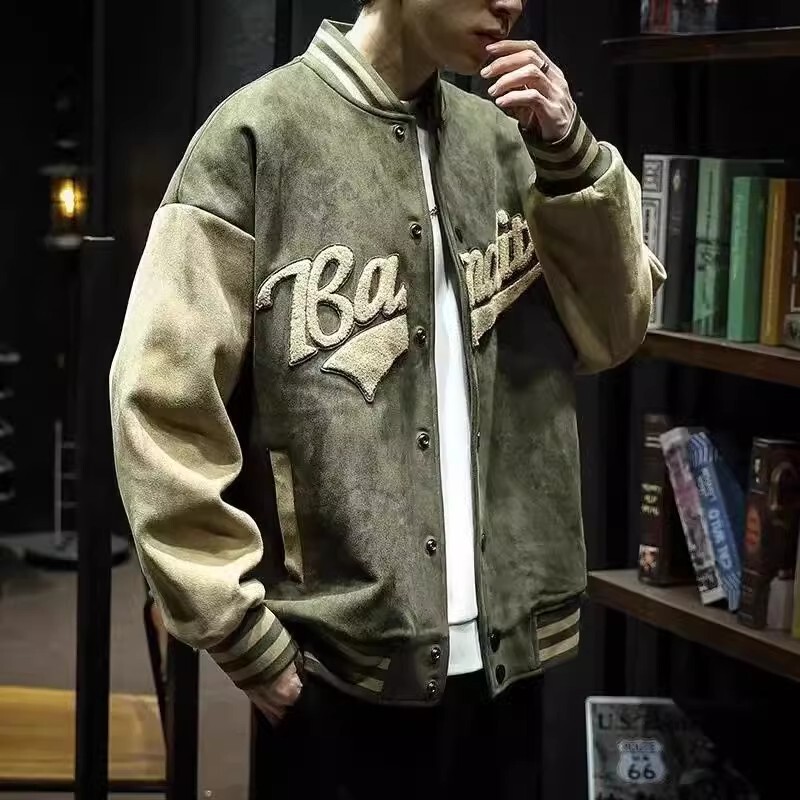 美潮oversizeコート男2024春秋アメリカ復古スエードジャケット潮牌復古野球服|undefined