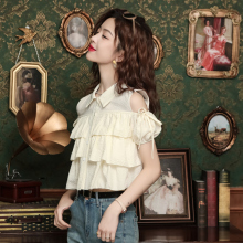 小香风荷叶边露肩雪纺衬衫短袖上衣女士夏季2024年新款别致衬衣春