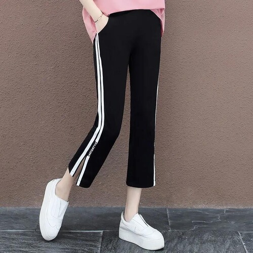 Women's Spring and Summer High-Waist Slit Sport Trousers with Side Stripes, Bootcut Loose-Fit Elastic Shorts