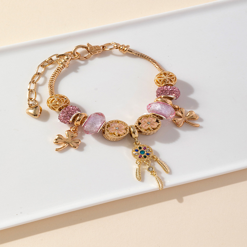 Panjia pulsera Dora DIY cuentas pop transfronterizo ángel ala hoja colgante flor cristal cuentas pulsera de cobre