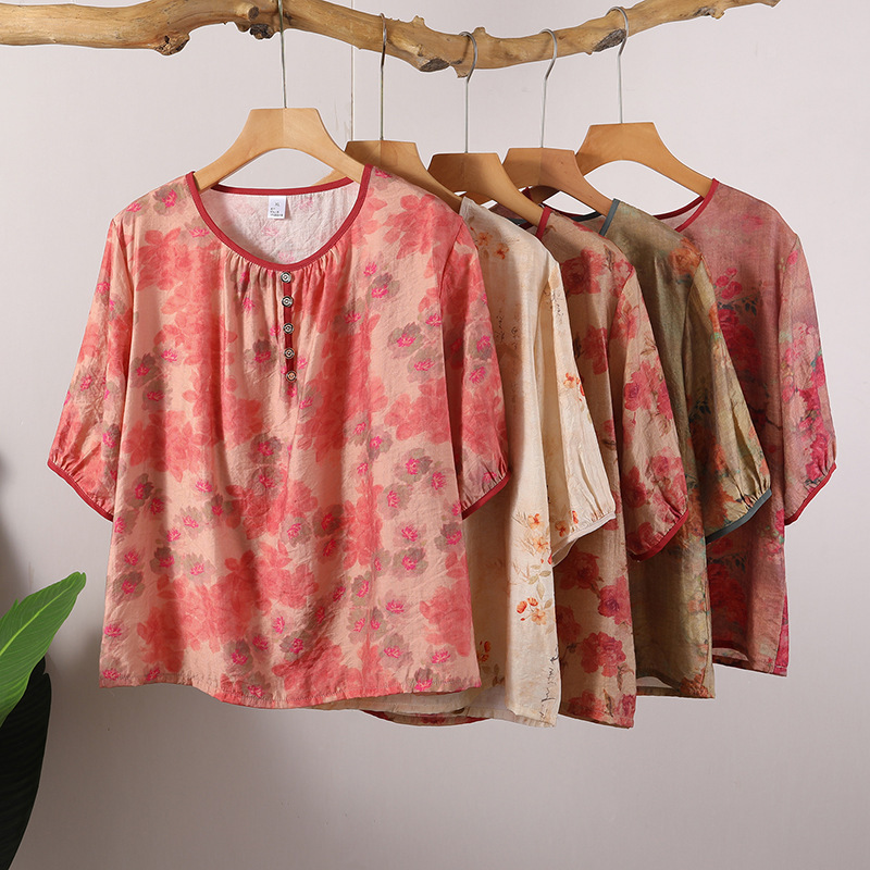 New Chinese Pajamas for Middle-aged and Elderly Mothers Guofeng Tens Cotton Single Top Soft and Comfortable Breathable Short-sleeved Style