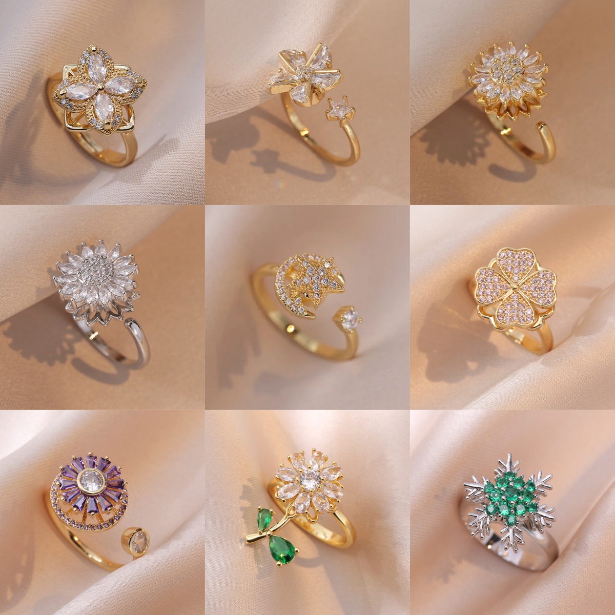 Ring for Women, Copper Micro-Inlaid Zircon, Elegant and Cool Korean Style, Full Diamond Round Geometric Rotating Ring Jewelry