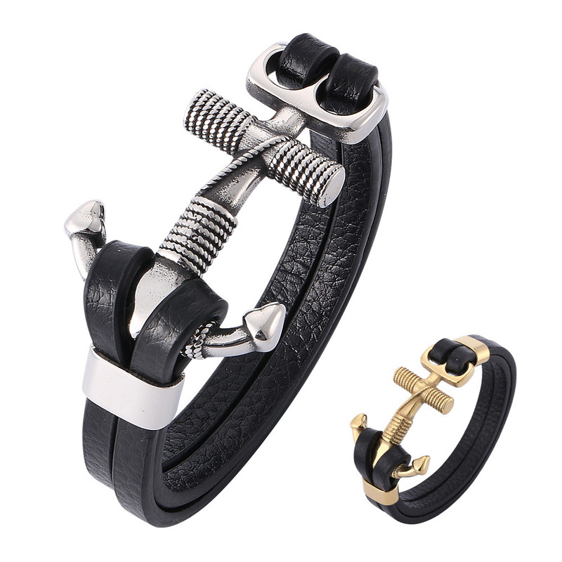 European and American Cross-border Stainless Steel Bracelet Jewelry Titanium Steel Ship Anchor Jewelry Rope Leather Rope Bracelet Leather Bracelet European and American Cross-border Stainless Steel Bracelet Jewelry Titanium Steel Ship Anchor Jewelry Rope Leather Rope Bracelet Leather Bracelet
