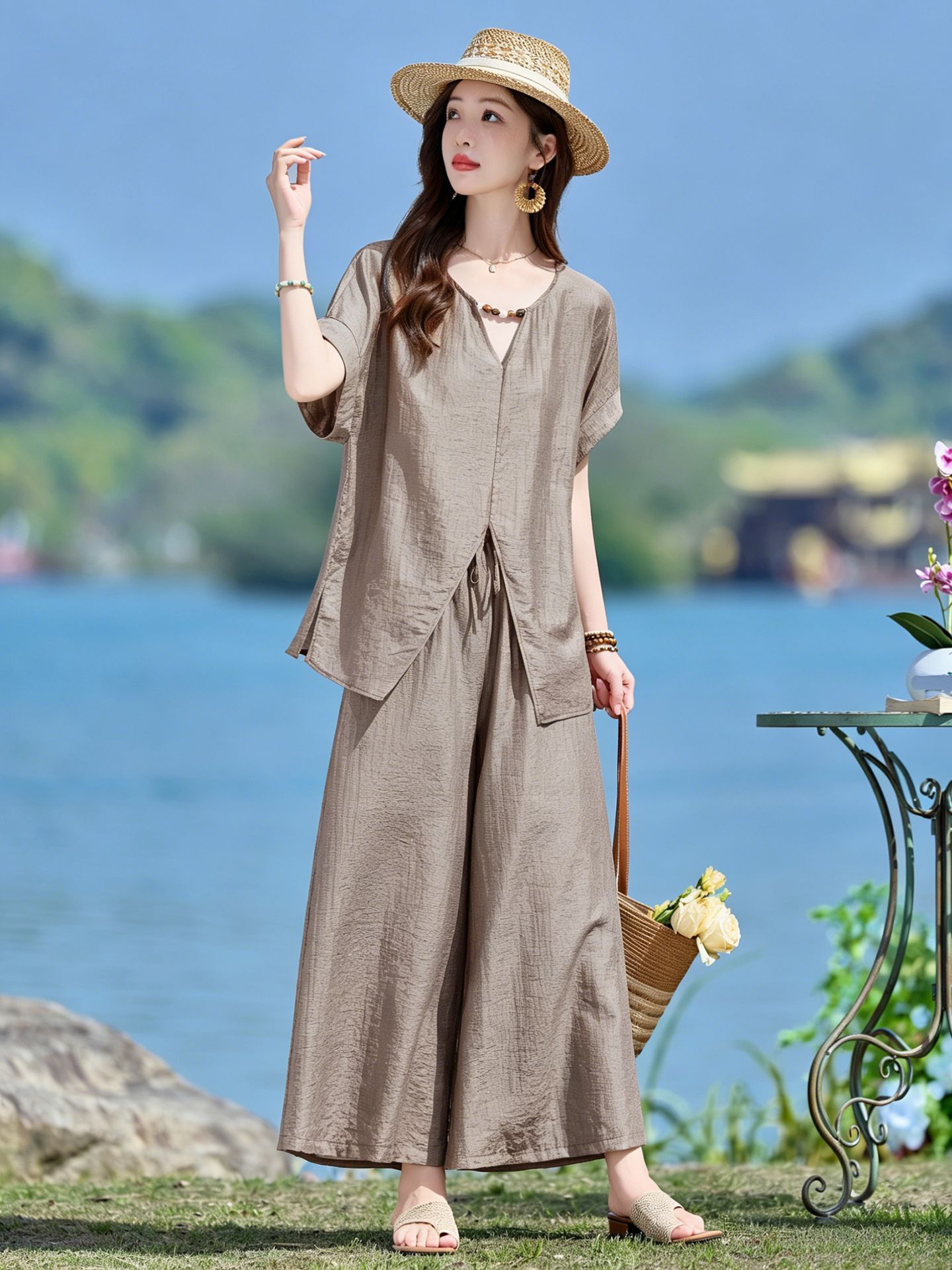 Bộ quần áo nữ hai mảnh gồm áo thun cổ V rộng và quần dài ống rộng phong cách tối giản — Cam đỏ, Màu cà phê nhạt, màu trắng ngà