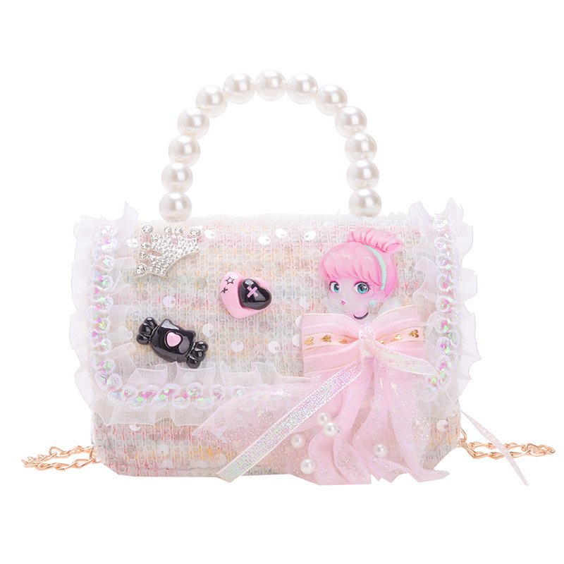 Bagos de perlas de niñas, arco de encaje de arco de princesa, bolsos de hombro de nueva cadena, bolsos para niños
