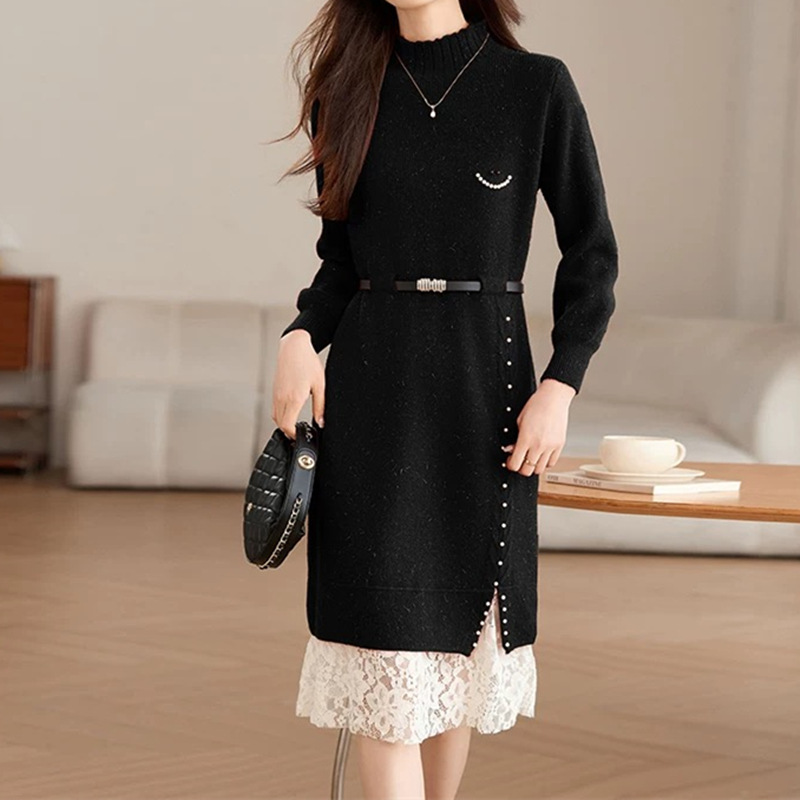 Abito in maglia elegante con pizzo e perline a maniche lunghe_voghion.com