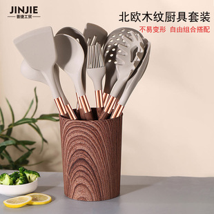 Wood grain silicone kitchenware suit 10-piece set high temperature resistant non-stick spatula soup spoon kitchenware suit kitchen set