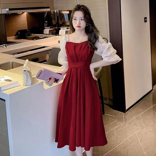 Foreign trade items, please confirm the actual product before placing an order, sweet French red women's dress with five-finger sleeves for summer