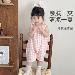 女の赤ちゃんジャンプスーツ夏かわいいチェック柄ノースリーブウサギの耳ショートクロール女の子ファッショナブルなカジュアル超かわいいジャンプスーツ