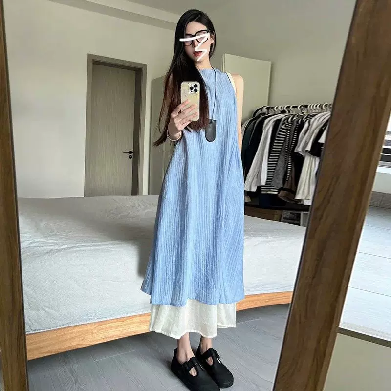 法式假两件连衣裙女装夏季新款宽松显瘦垂坠感气质长裙子夏装外贸