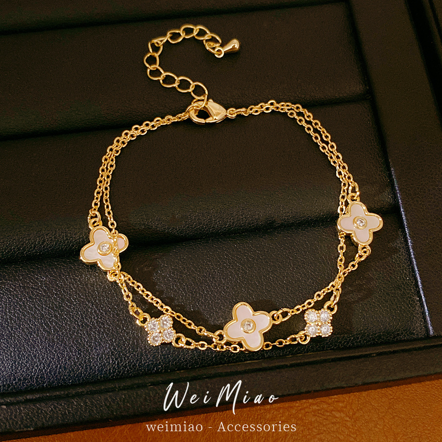 14 quilates de oro verdadero electronite marita fritaella de hierba afortunada flor pulsera de doble capa ligera pulsera de nicho joyería diaria