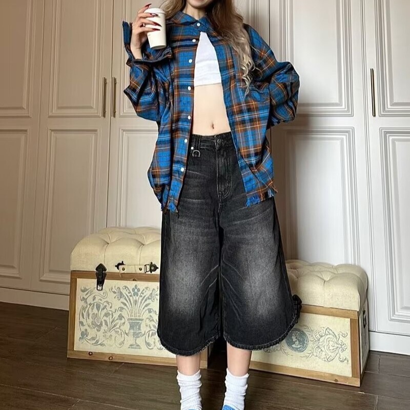 American Style Retro Black Denim Capri Pants Women's Summer Low Waist Straight Loose Tooling Pants Half Pants Trendy Shorts