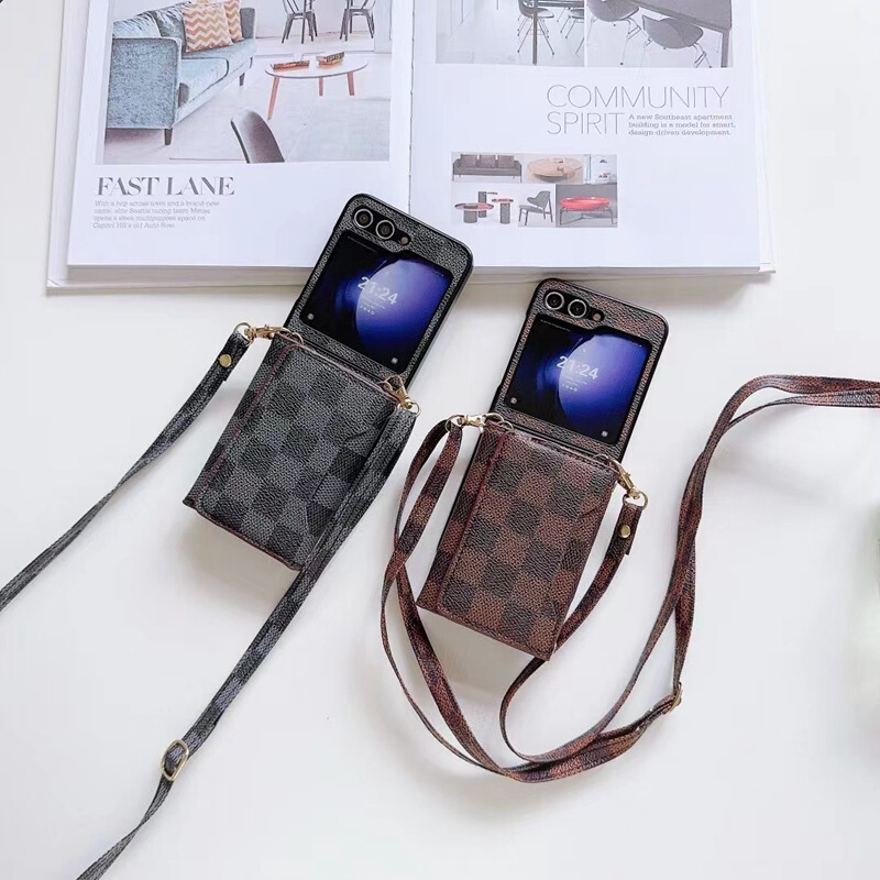Anti-fall Simple Leather Pattern Razr60 Checkerboard Card Case for Samsung Zflip6/5 Phone Case Trendy Crossbody Lanyard