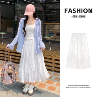 K5003蕾丝花边百褶荷叶纱裙百搭短款仙女裙女夏季A字裙高腰长裙子