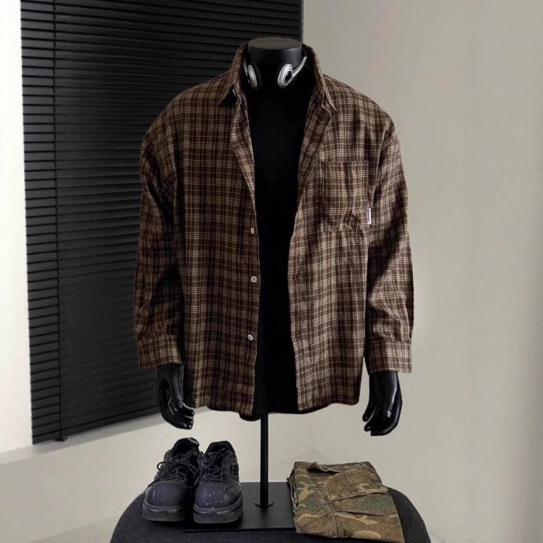Autumn and Winter Maillard American Retro Brown Plaid Shirt Men's Wear Cotton-Feel Brushed Long-Sleeved Shirt with Jacket