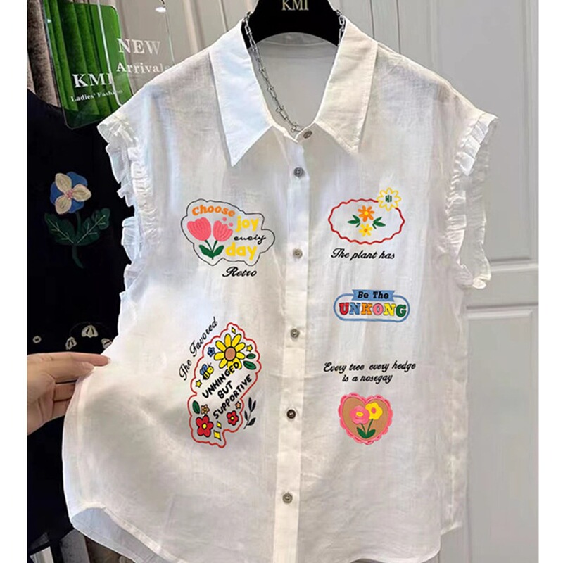 Super Stylish White Chiffon Shirt with Ruffled Edges and Small Flutter Sleeves for Women, Featuring a Cartoon Print, Perfect for Summer Super Stylish White Chiffon Shirt with Ruffled Edges and Small Flutter Sleeves for Women, Featuring a Cartoon Print, Perfect for Summer