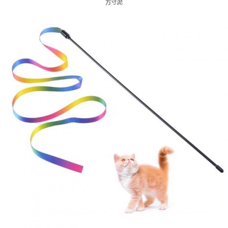 긴 극 고양이 웃긴 스틱, 물기 방지 고양이 장난감, 다채로운 양면 주황색 리본 리본, 휴대용 고양이 웃긴 스틱, 내구성과 지루함 완화 도매
